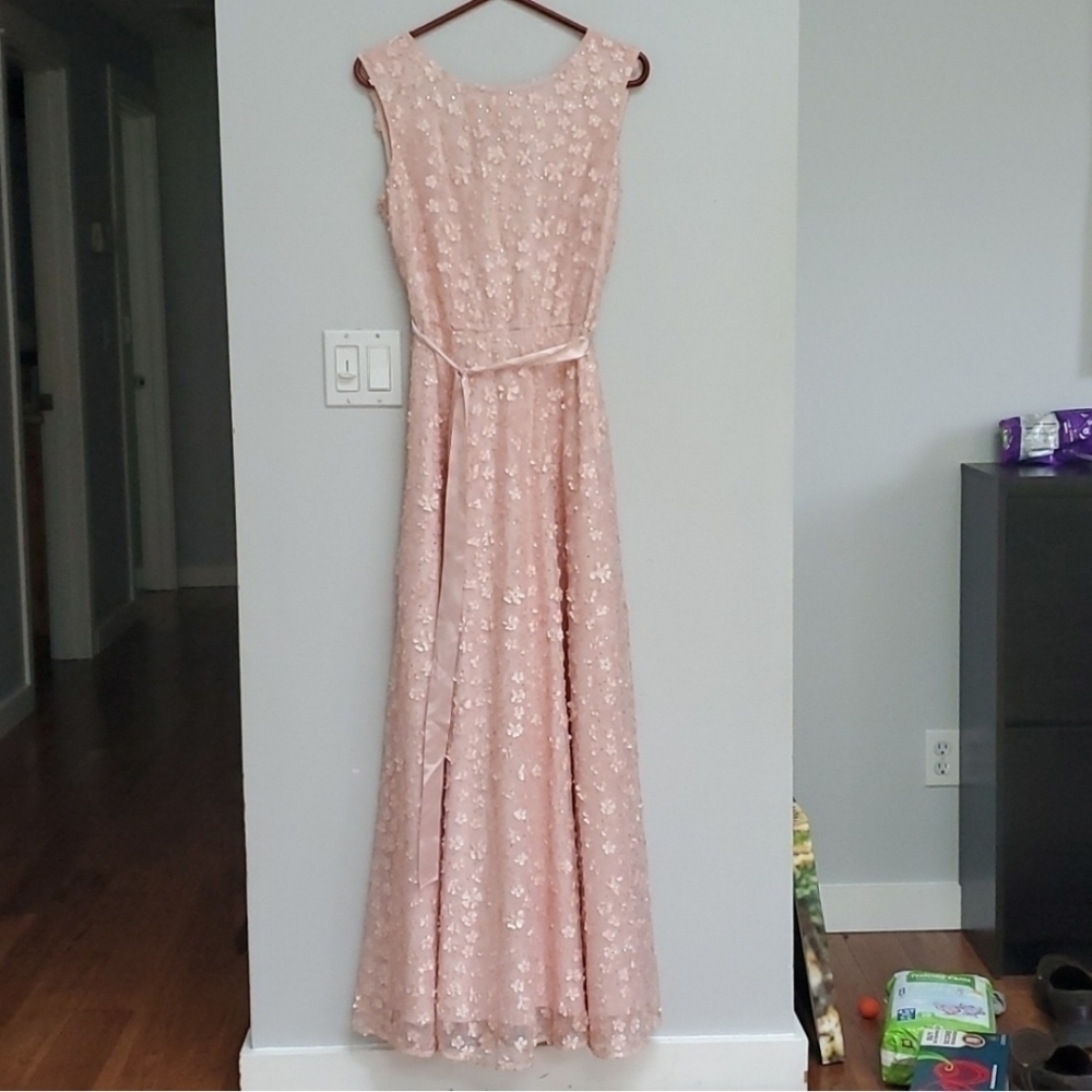 Tahari Arthur S. Levine floral applique maxi light pink dress